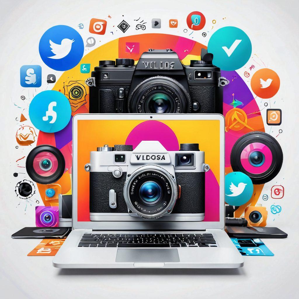 A creative collage showcasing a camera, a laptop, and various social media icons representing vlogs and tutorials. Include vibrant sound waves and multimedia elements like play buttons and video editing tools. The background should be a mix of bright colors with a futuristic, digital aesthetic to symbolize mastering multimedia. super-realistic. vibrant colors. white background.